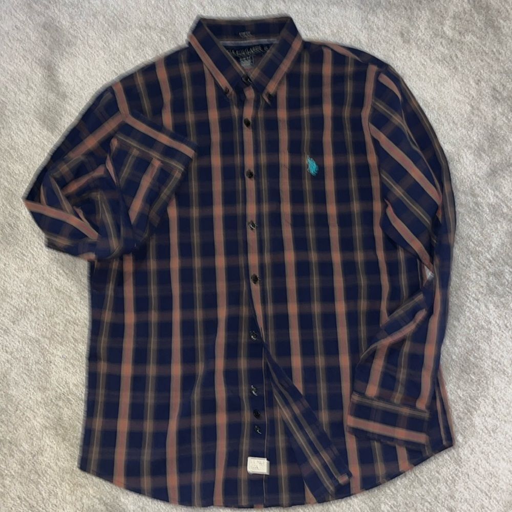 U.S. Polo Assn. Mens Cotton Blend Blue Brown Red Plaid Button Down Shirt XL Slim
